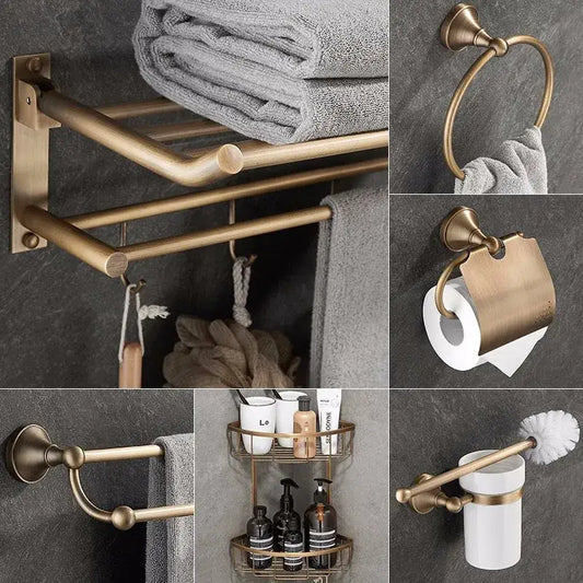 Decorbites™ antique brass bathroom accessory set with towel rack ring paper holder and wall-mounted shelf in brass finish