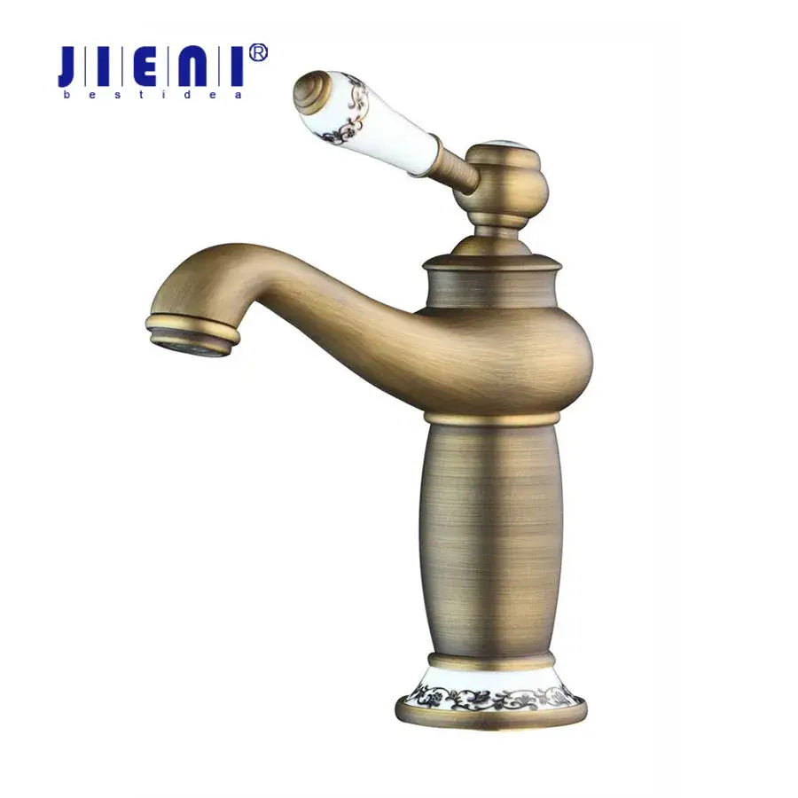 Decorbites antique brass bathroom basin faucet with white ceramic handle and black floral patterns deck mounted mixer