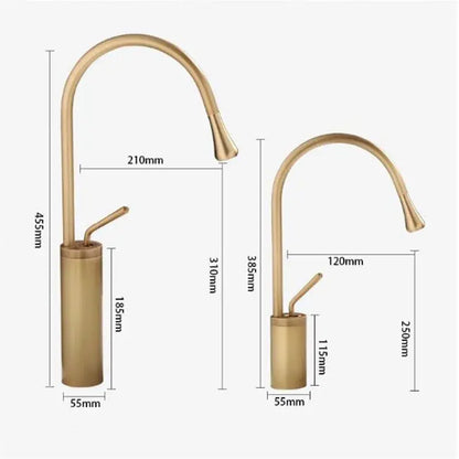 Two brushed brass antique brass bathroom basin faucets with curved spouts and cylindrical bases at different heights
