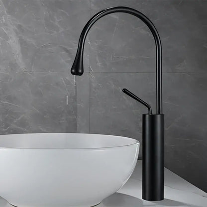 Black matte finish basin faucet with curved spout and cylindrical base for antique brass bathroom or kitchen use