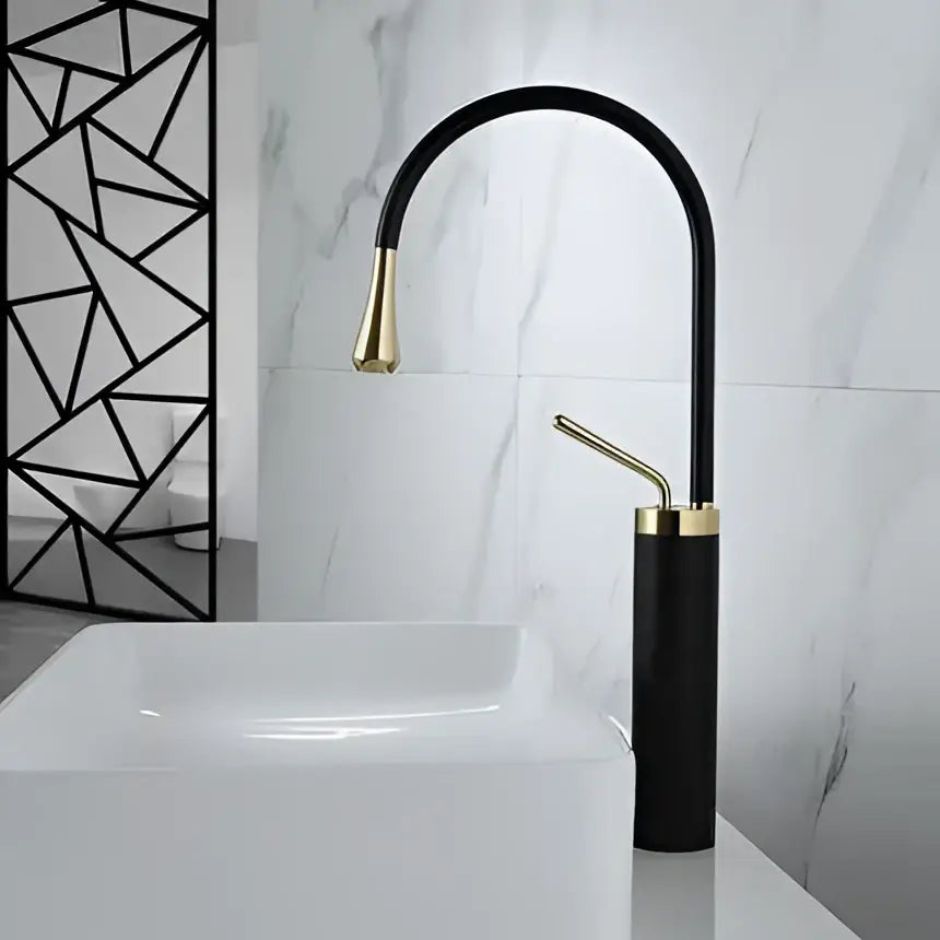Decorbites™ antique brass bathroom basin faucet with black curved spout and cylindrical base for kitchen and sink use