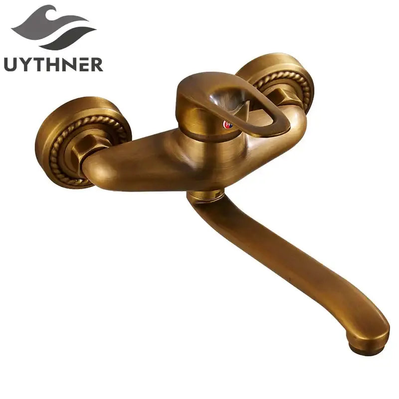 DecorBites antique brass bathroom basin faucet with long spout and ornate rope-textured dual handles wall mount