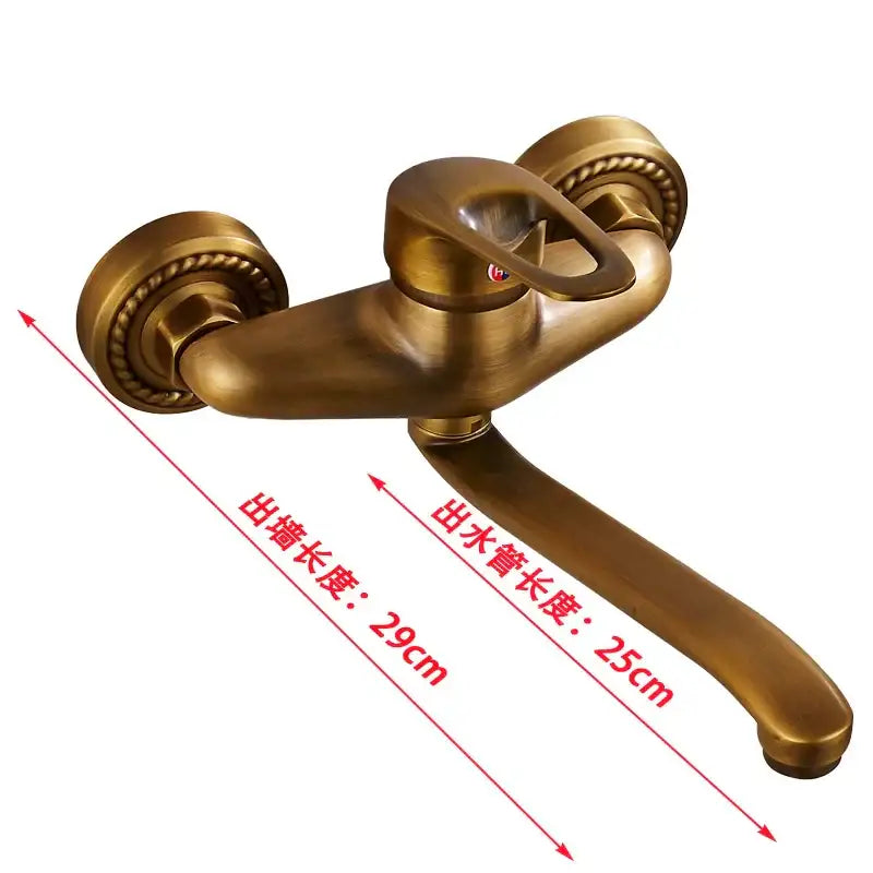 DecorBites™ antique brass bathroom basin faucet wall mount with dual ornate rope-textured handles and curved spout