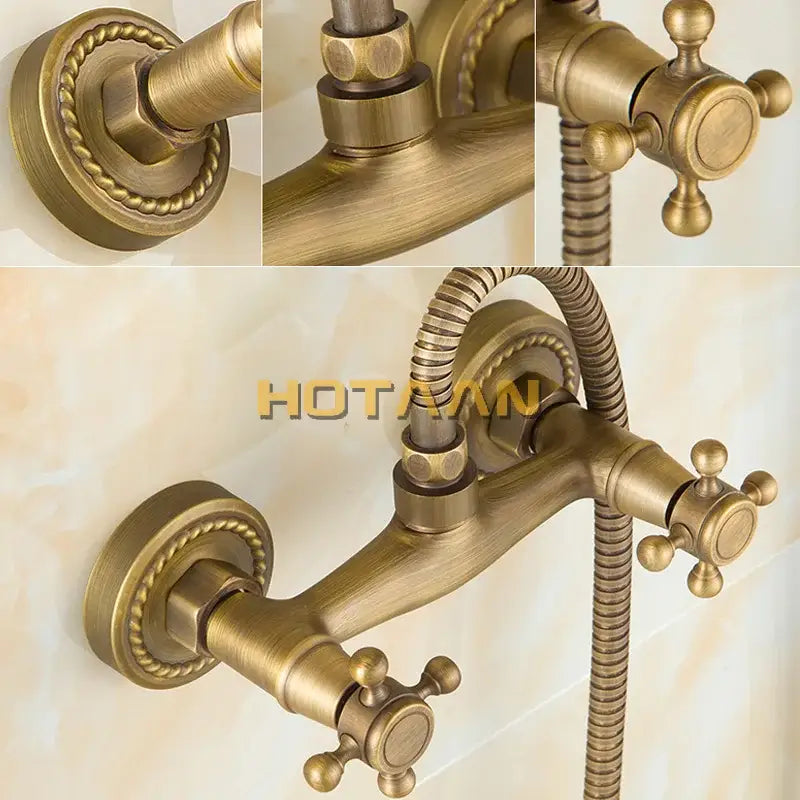 Decorbites antique brass bathroom shower and basin tap set with ornate twisted rope detailing and cross-handle knobs