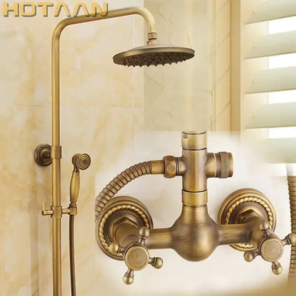 Decorbites antique brass bathroom shower faucet set with curved rainhead two-handle mixing valve and handshower