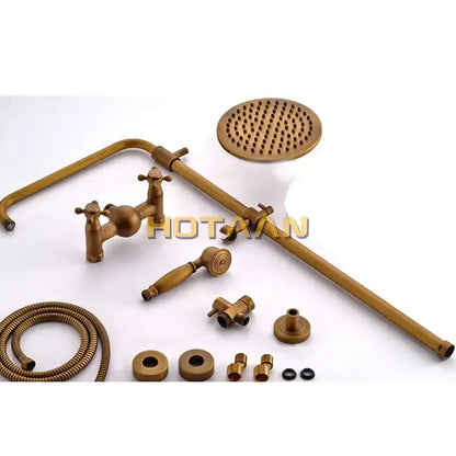 Decorbites™ antique brass bathroom shower faucet set with handshower tub spout and 8 inch rainfall head in brass finish