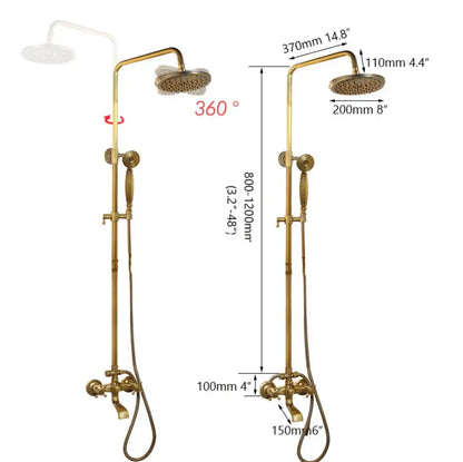 Decorbites antique brass bathroom shower set with 360-degree rotating rainhead handheld spray and double mixer handles
