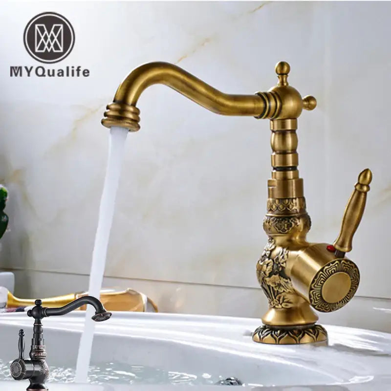 Decorbites antique brass bathroom sink faucet mixer with ornate vintage detailing and curved spout in brass bathroom sink