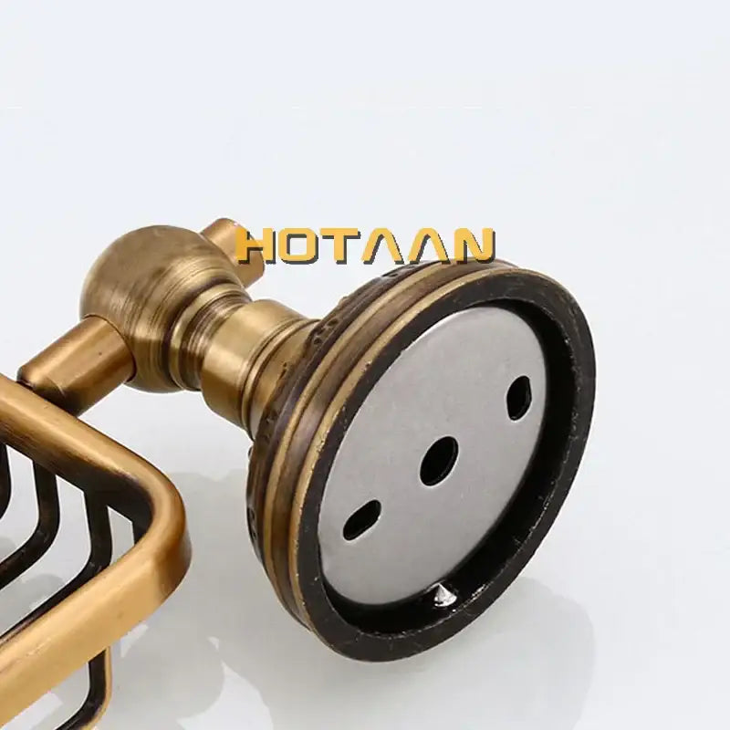 Decorbites antique brass bathroom soap dish holder wall mount with circular base and integrated wire basket design