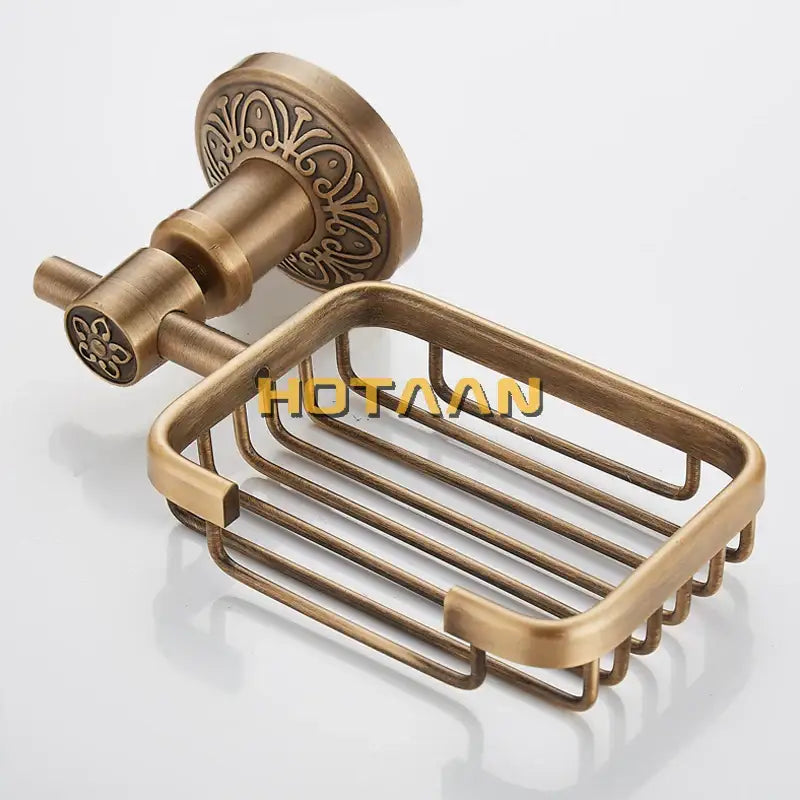 DecorBites antique brass wall-mounted soap dish holder with ornate floral mounting plate and wire mesh soap basket design