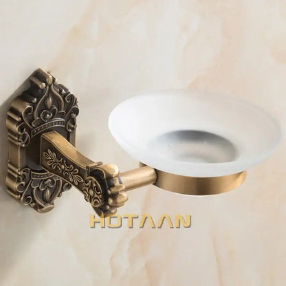 DecorBites antique brass bathroom soap dish wall mounted with ornate floral detailing and frosted glass bowl