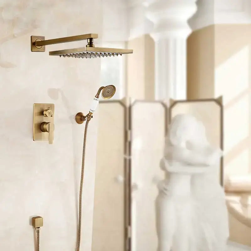 Brass-finished antique brass black 8 inch rainfall shower set with handheld shower and control valve by decorbites