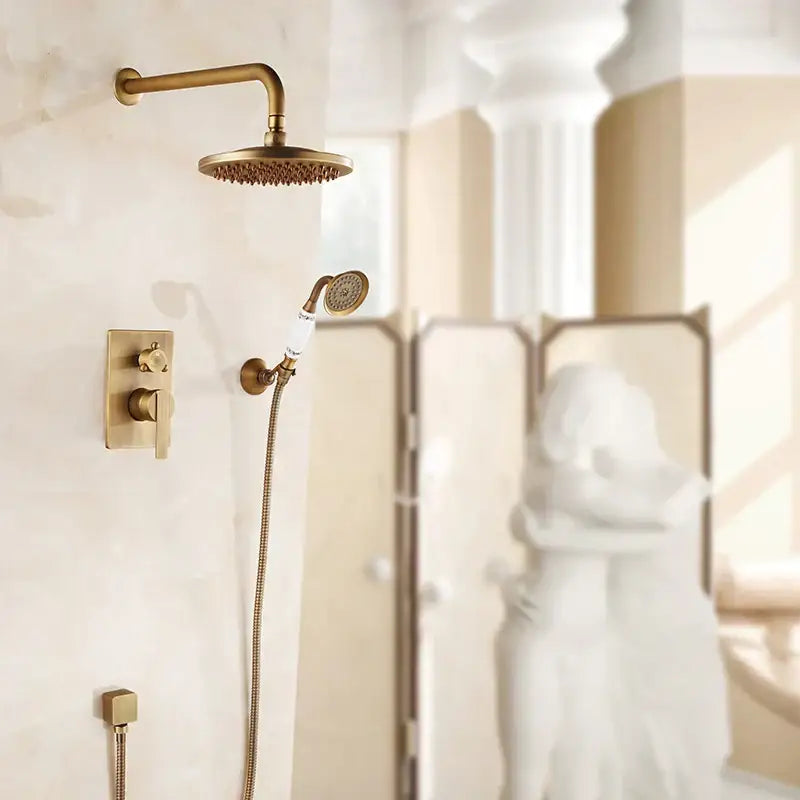 Brass-finished shower set featuring antique brass black 8-inch rainfall shower head with textured surface and handheld nozzle