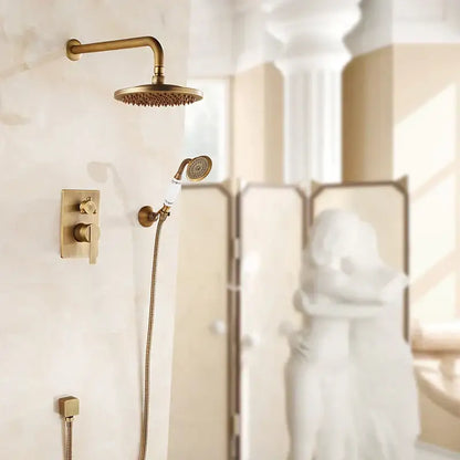 Brass-finished shower set featuring antique brass black 8-inch rainfall shower head with textured surface and handheld nozzle