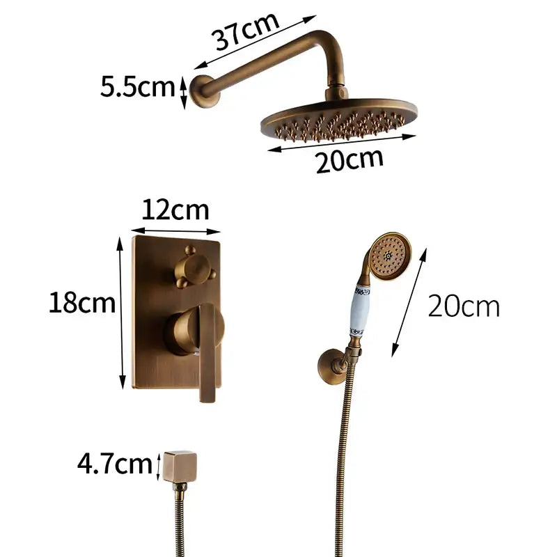 Brass-finished antique brass black shower set with 20cm rainhead handheld spray nozzle and wall-mounted control panel