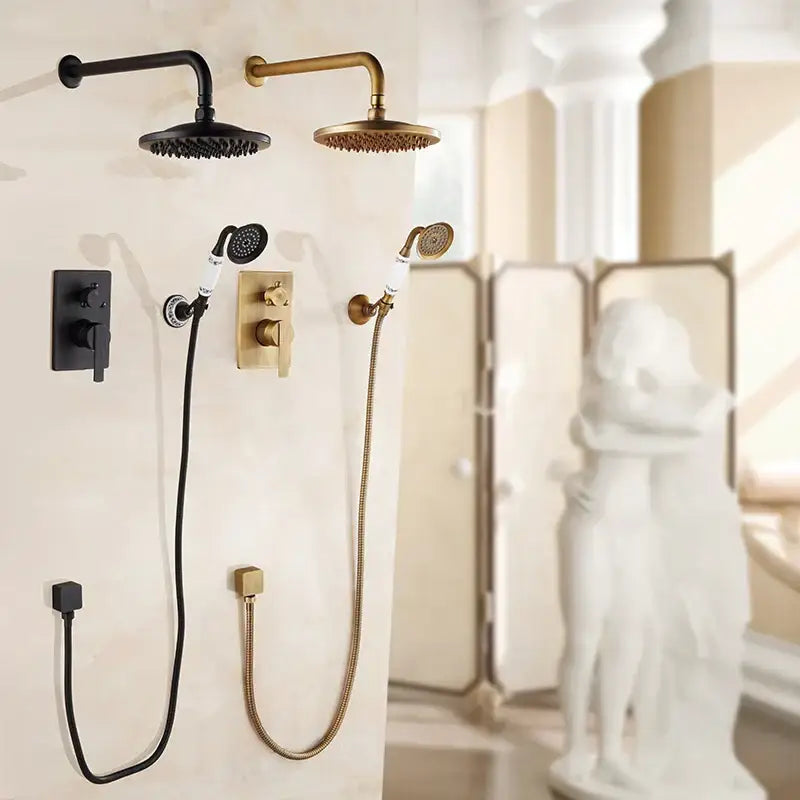 Decorbites antique brass black 8 inch rainfall shower set with handshower featuring sleek modern brass design