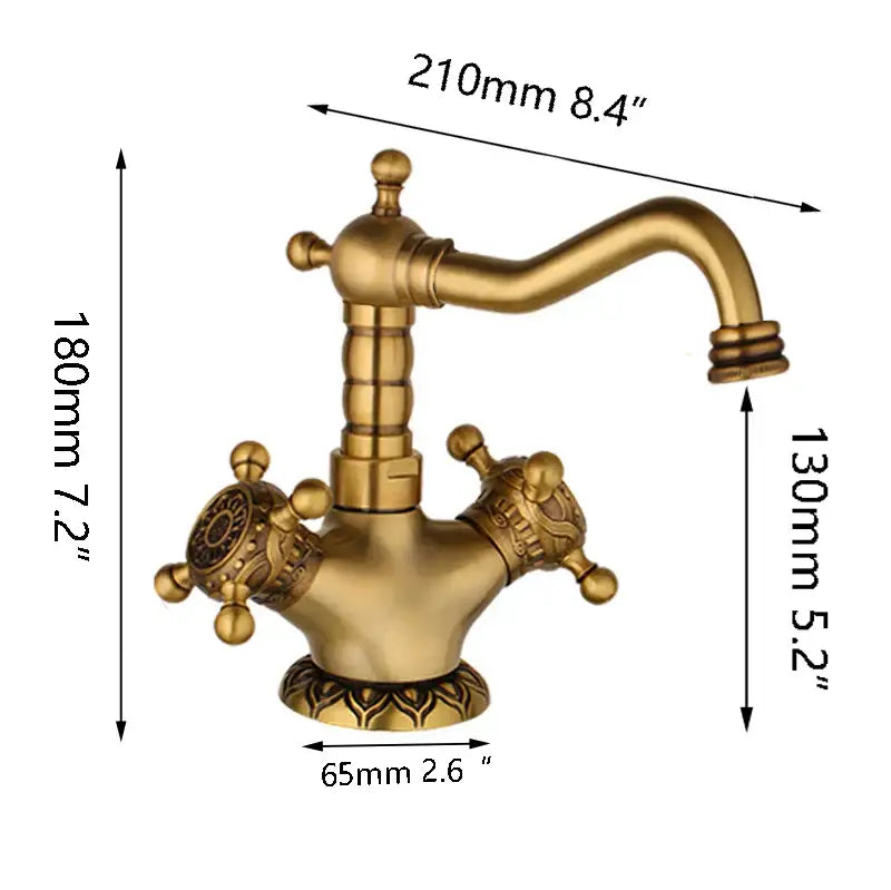 Decorbites™ antique brass carved two-handle bathroom faucet with ornate knobs and brass carved waterfall spout