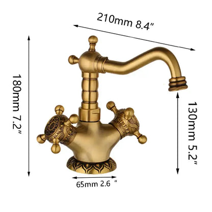 Decorbites™ antique brass carved two-handle bathroom faucet with ornate knobs and brass carved waterfall spout