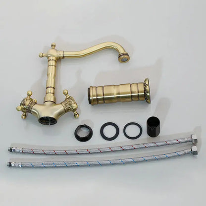DecorBites™ antique brass carved waterfall bathroom faucet set with ornate cross handles and flexible braided hoses