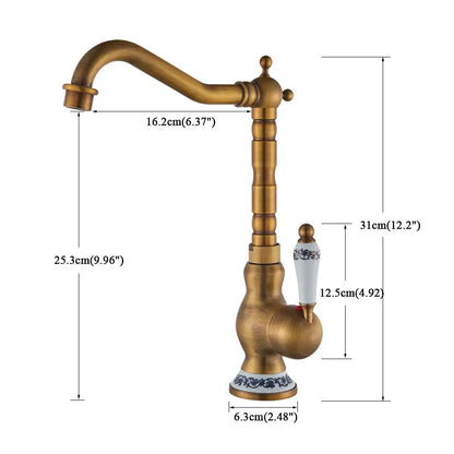 Antique brass basin faucet with curved spout and blue floral antique brass ceramic handle for deck mounted kitchen sink