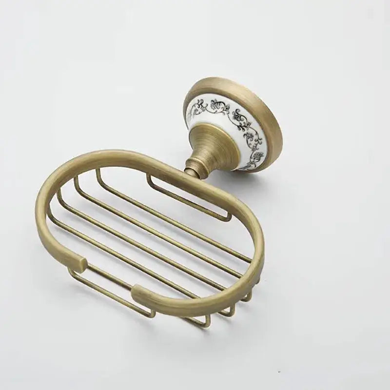 DecorBites™ antique brass ceramic soap dish with decorative black floral ceramic knob for bathroom use
