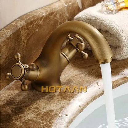 Decorbites™ antique brass double handle faucet with curved spout and ornate cross handles for bathroom or kitchen basin