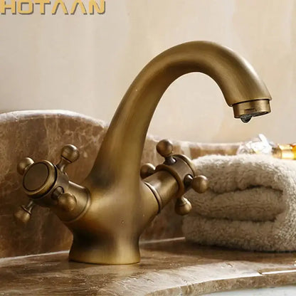 DecorBites antique brass double handle faucet with ornate cross handles and curved spout for bathroom or kitchen basin