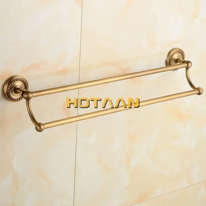 DecorBites antique brass towel bar rack with double tiers, ornate circular mounts, and solid brass construction