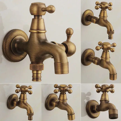 DecorBites™ antique brass dragon carved outdoor washing machine faucet with cross handle and decorative spherical knobs