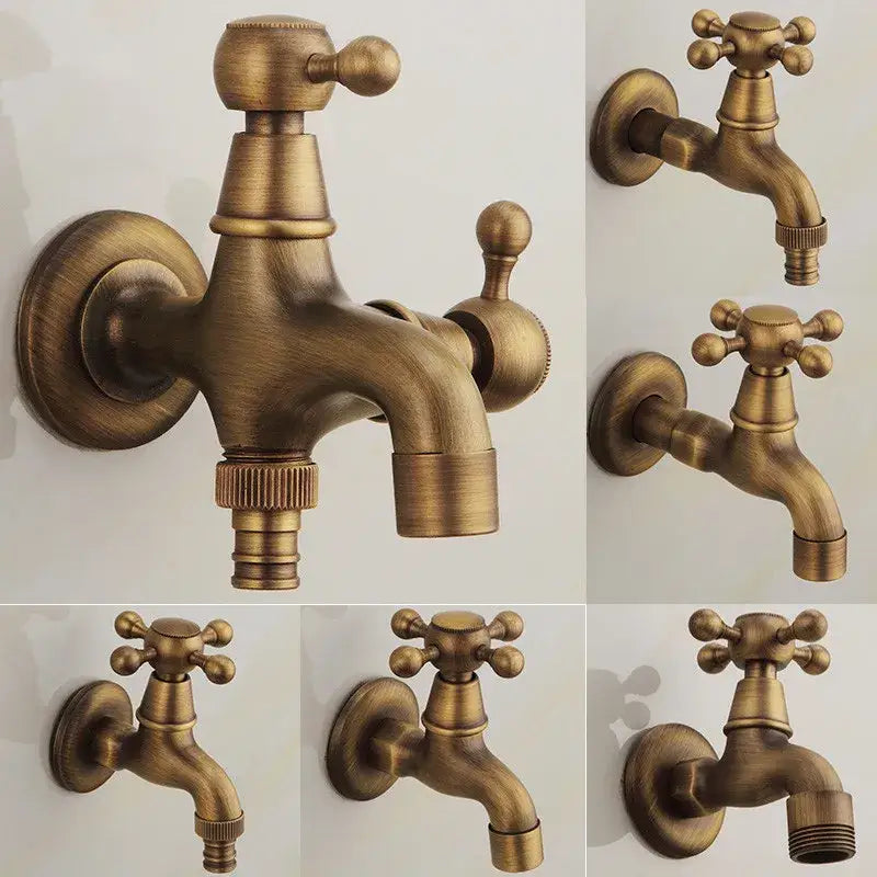DecorBites™ antique brass dragon carved outdoor washing machine faucet with cross handle and decorative spherical knobs