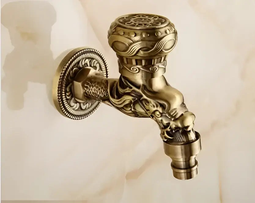 DecorBites antique brass dragon carved outdoor washing machine faucet with ornate dragon head and scrollwork detailing
