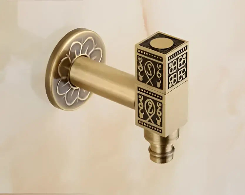 DecorBites™ antique brass dragon outdoor washing machine faucet with ornate floral and geometric engraved details on square body