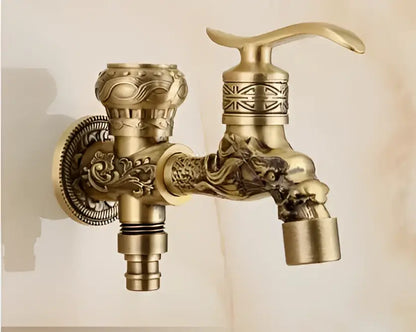 Brass-finished antique brass dragon carved outdoor washing machine faucet with ornate floral and dragon motifs