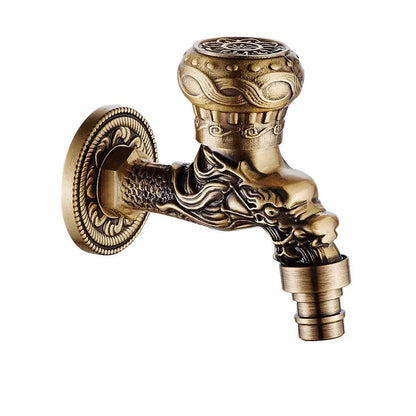 DecorBites Antique brass dragon carved outdoor washing machine faucet with intricate floral detailing on spout and plate