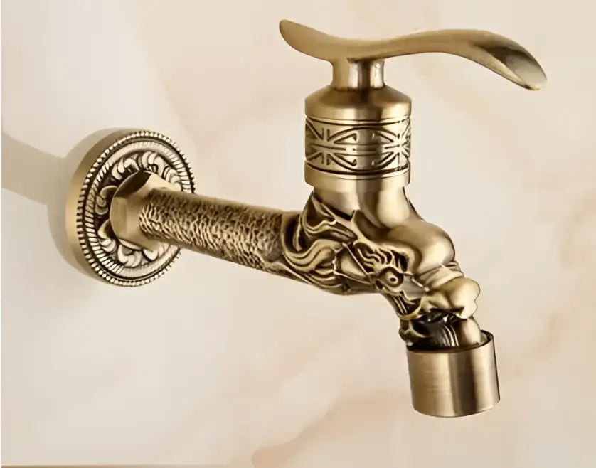 DecorBites antique brass dragon carved outdoor washing machine faucet with ornate dragon head and engraved patterns