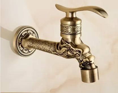 DecorBites antique brass dragon carved outdoor washing machine faucet with ornate dragon head and engraved patterns