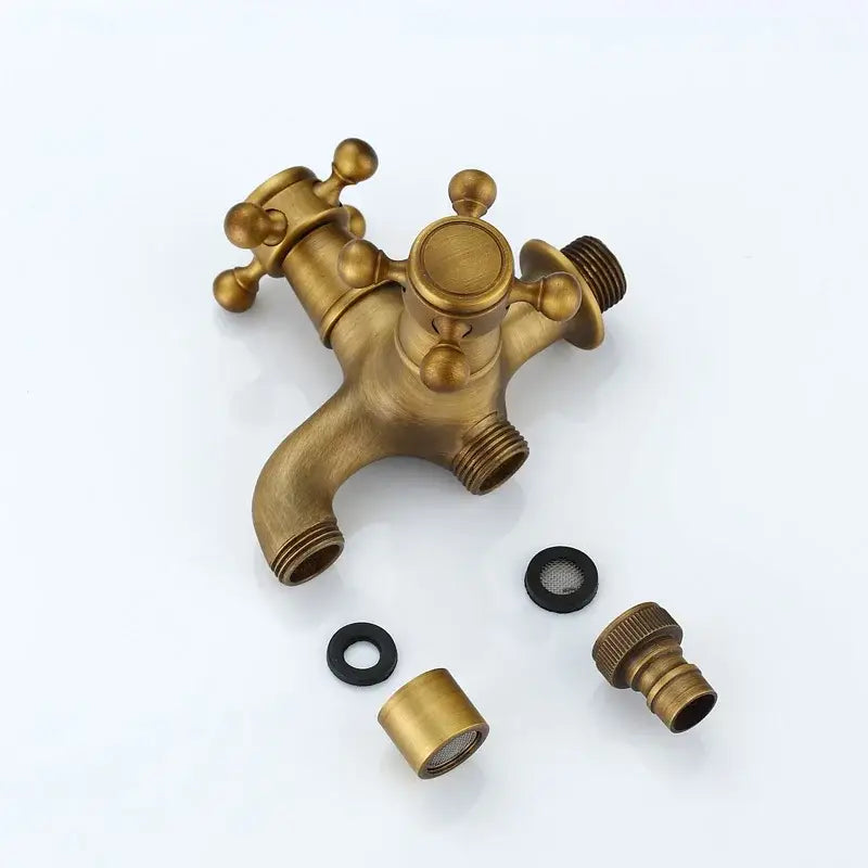DecorBites antique brass three-way shower faucet with dual cross handles and threaded connections for wall mounting