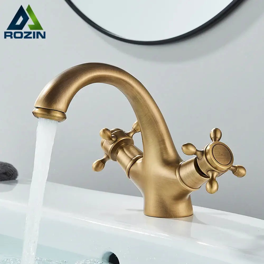 DecorBites antique brass dual handle basin faucet with cross-shaped knobs for deck mounted bathroom use