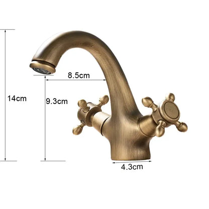Decorbites™ antique brass dual handle basin faucet with curved spout and cross handles deck mounted mixer tap