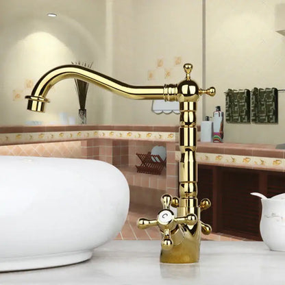DecorBites antique brass dual handle swivel sink faucet with ornate vintage brass finish and cross shaped handles
