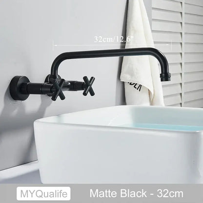 Matte black wall-mounted kitchen faucet with dual handle cross-shaped design from decorbites antique brass collection
