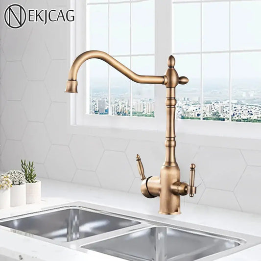 DecorBites antique brass kitchen filter faucet with dual curved spouts and ornate handles for hot cold mixer taps