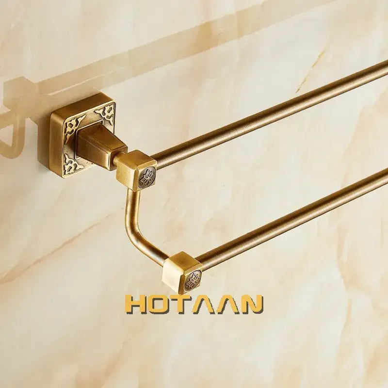 Decorbites antique brass finish double towel bar with brass-finished solid aluminium and ornate square wall mounts