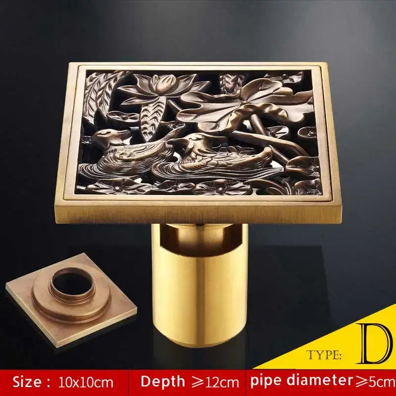 Brass square floor drain with intricate lotus and duck relief design in antique brass fish style shower drain 10cm