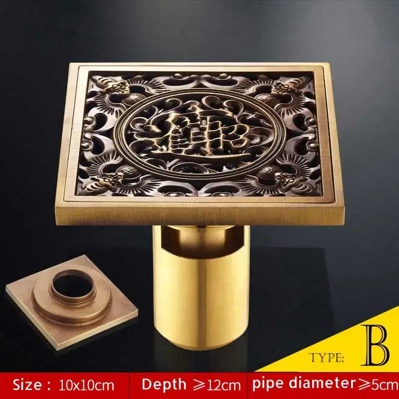 Square brass shower drain cover with antique brass fish style dragon and phoenix filigree design 10cm
