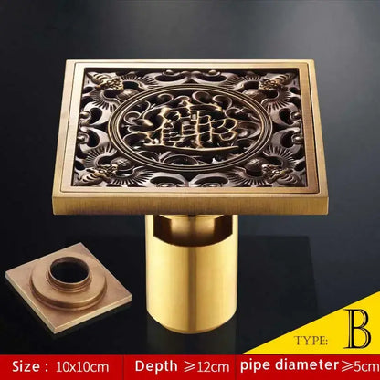 Square brass shower drain cover with antique brass fish style dragon and phoenix filigree design for floor use