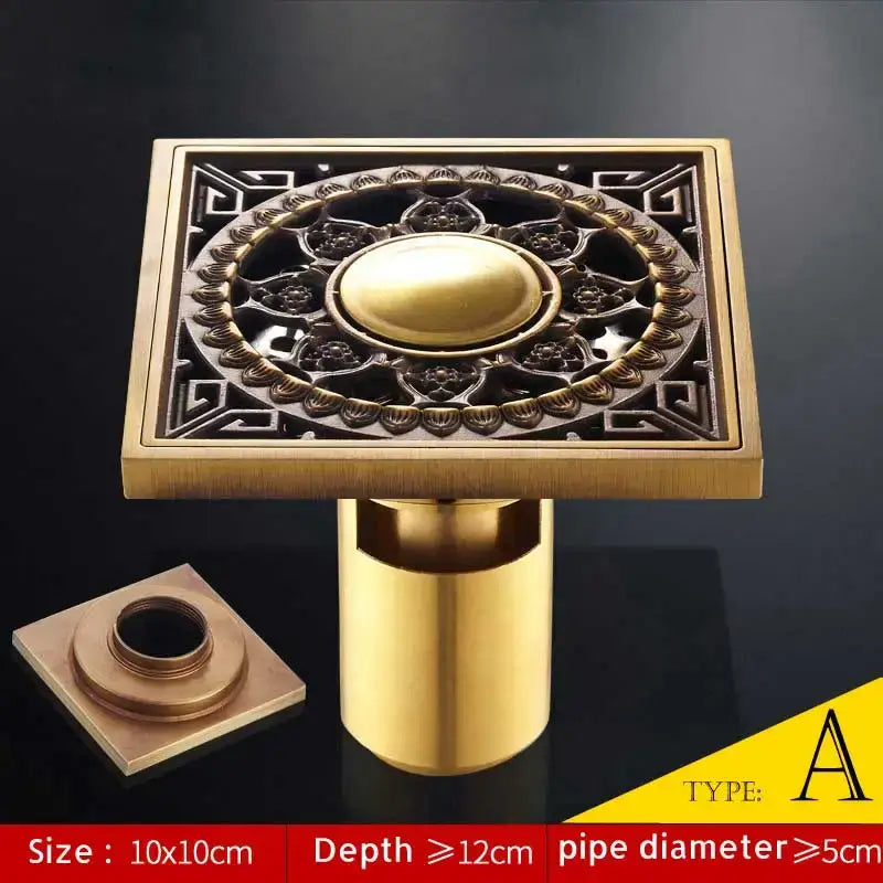 Brass square shower drain with ornate floral and geometric embossed design antique brass fish style floor drainer
