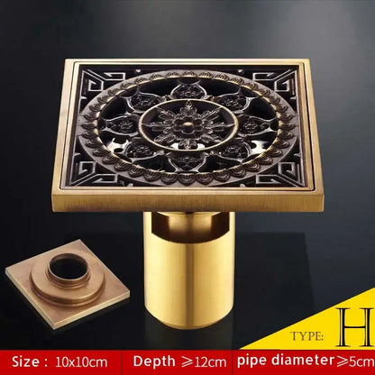 Decorbites antique brass fish style shower drain 10cm square floor drainer with brass finish and floral embossed design