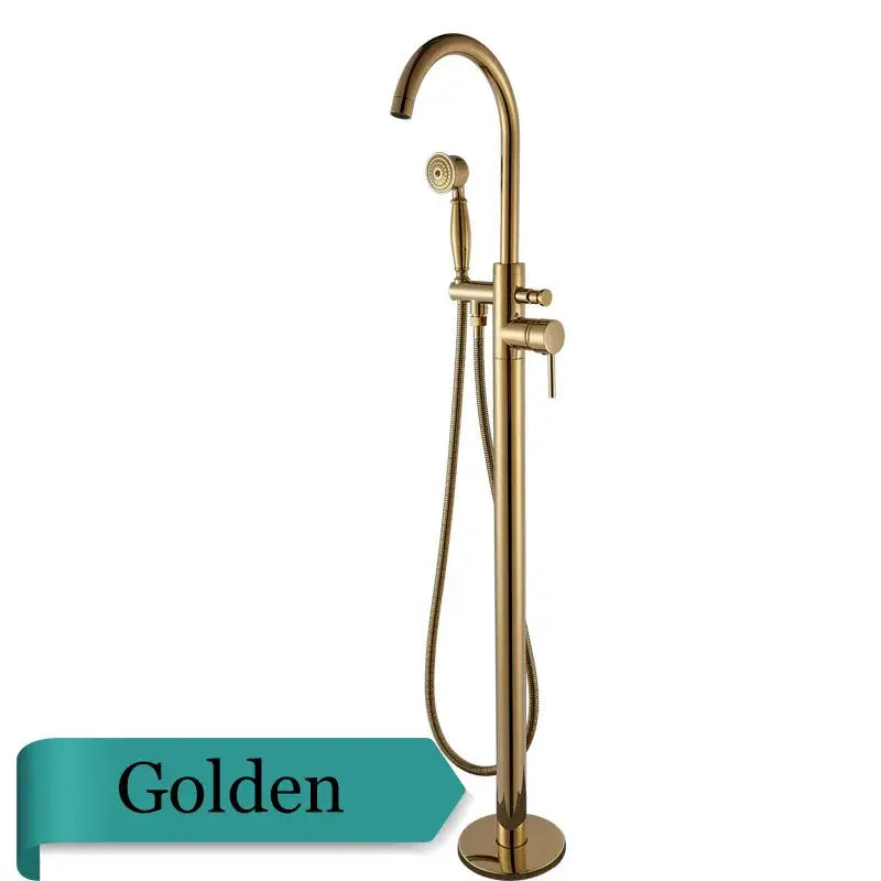 DecorBites™ antique brass freestanding tub faucet with swivel spout and handheld shower mixer tap in golden brass finish