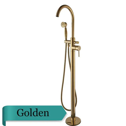DecorBites™ antique brass freestanding tub faucet with swivel spout and handheld shower mixer tap in golden brass finish